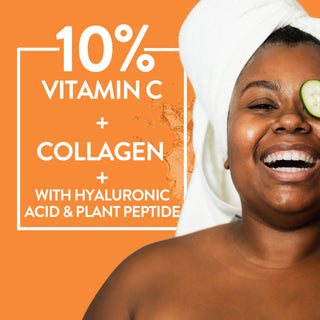 Woman with a towel on her head and a cucumber slice over her eye, with text about By Nature skincare ingredients on an orange background.