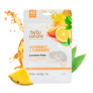 Exfoliator pads packaging with vitamin C and turmeric ingredients, featuring oranges and pineapple on a white background.