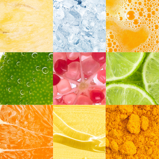 Grid of various textures and colors including water, soap bubbles, and fruit slices.