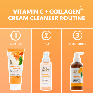 By Nature Vitamin C + Collagen skincare routine with cleanser, serum and moisturizer